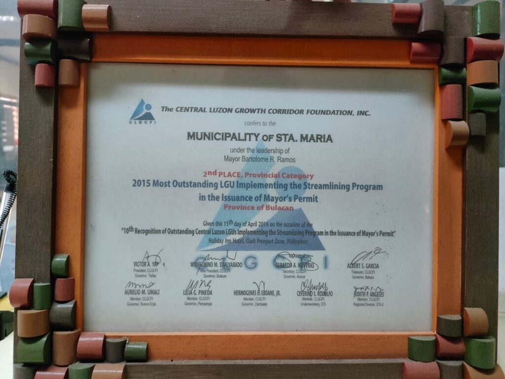 Most Outstanding LGU Implementing the Streamlining Program in the Issuance of Mayor's Permit